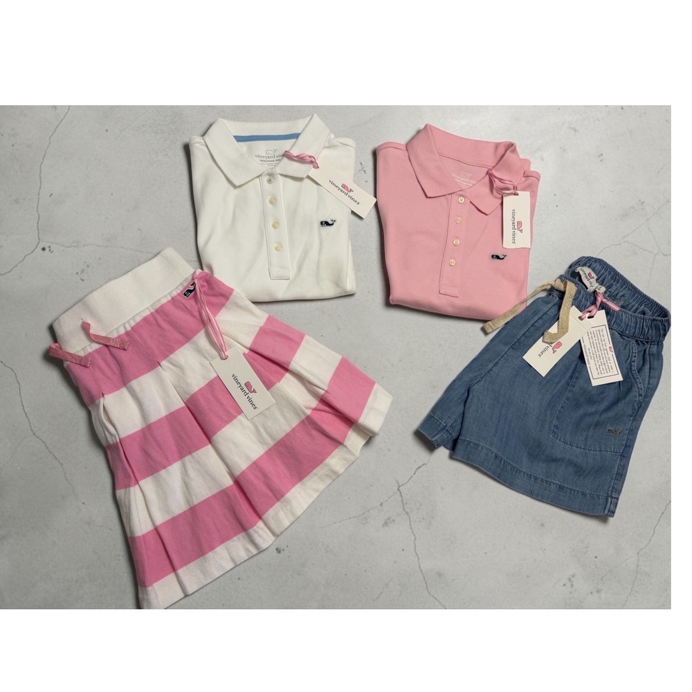 NWT 4pc Vineyard Vines S 8-10 Outfits Sets  Polo Rugby Skirt Chambray Shorts NEW